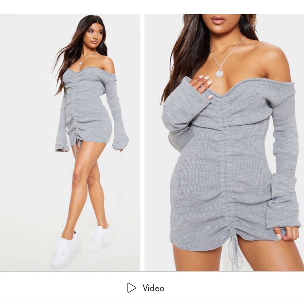 Prettylittlething Grey knit ruched dress